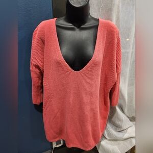 Express Coral Deep V-Neck Oversized Knit Sweater